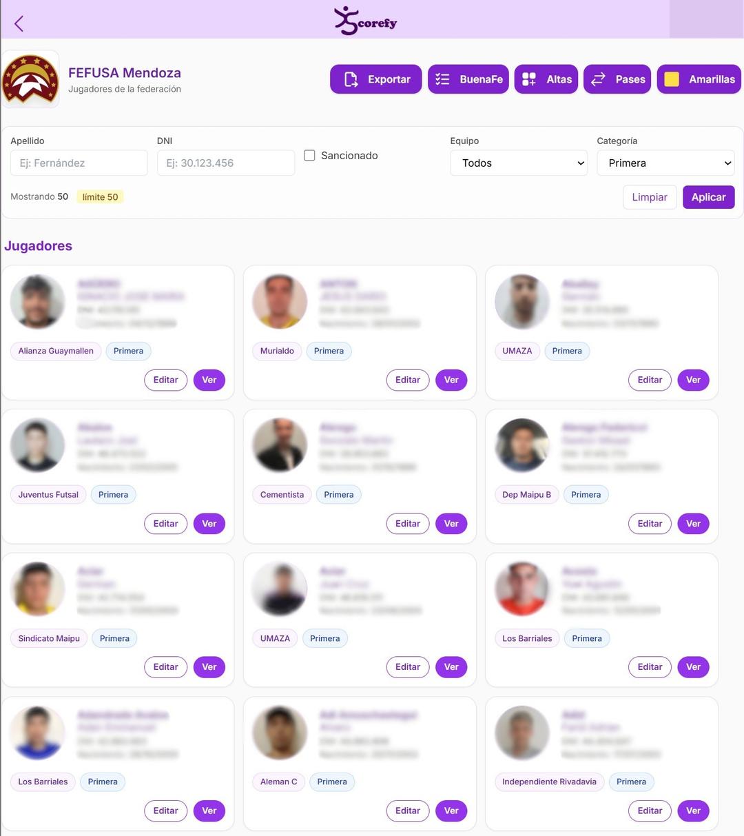 Vista de Registrar - listado de jugadores