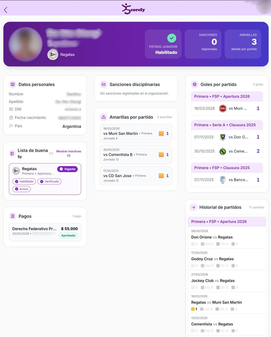 Vista de Registrar - detalle de jugador